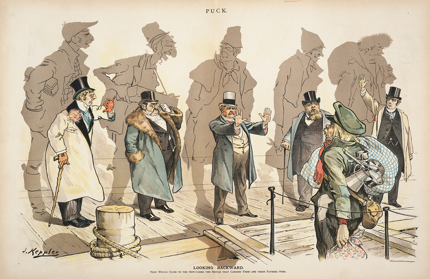 "Looking Backward" (1893): In the 1880s, immigration to the US changed dramatically. Fewer immigrants came from northern and western Europe, while more came from southern and eastern Europe. This shift worried Americans who viewed the new arrivals as inferior. The newcomers were mostly non-Protestant Christians or Jewish, which troubled many Protestant Americans. A cartoon satirically depicts the children of immigrants rejecting new immigrants.